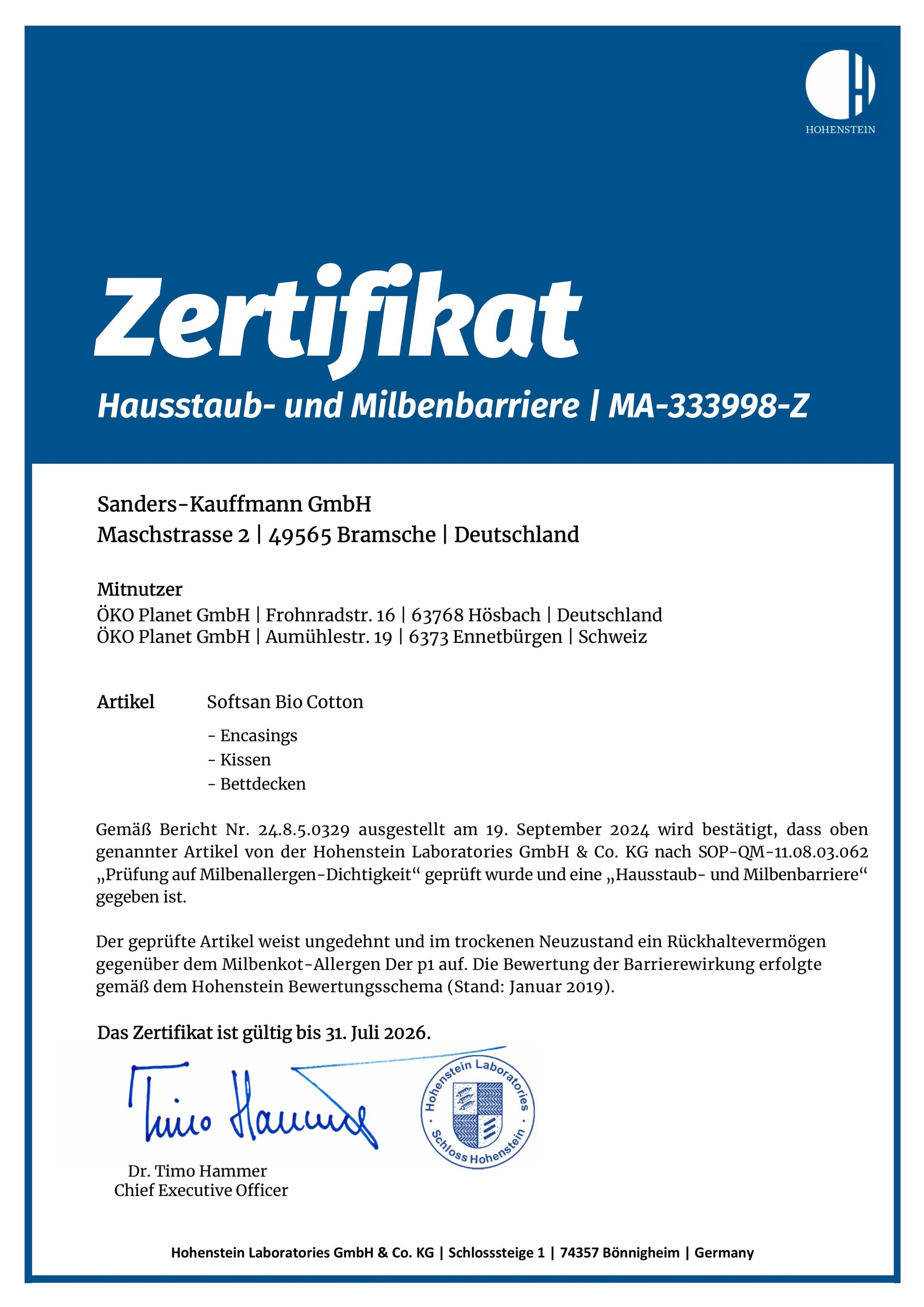 Softsan® Encasing für Bettdecken aus Bio Baumwolle | Schutzbezug für Allergiker - Softsan