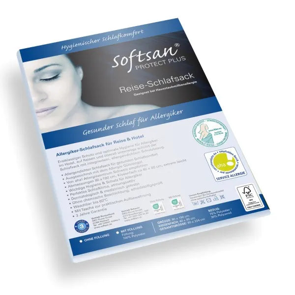 Verpackung des Softsan Protect Plus Reise-Schlafsacks für Allergiker mit Produktinfos und Siegeln