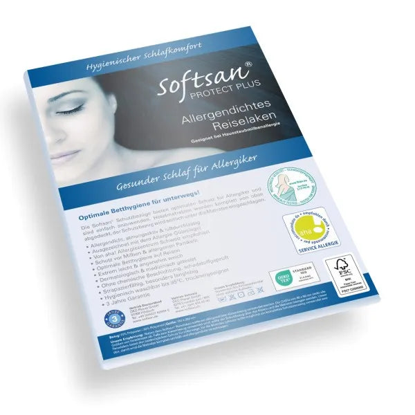 Verpackung des Softsan Protect Plus Allergendichtes Reiselaken mit Siegeln und Produktinformationen