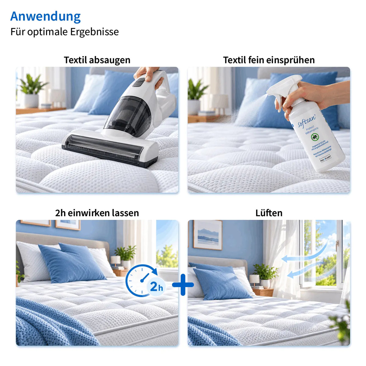 Anwendungsschritte Softsan Milbenspray: Absaugen, Einsprühen, 2h einwirken lassen, Lüften