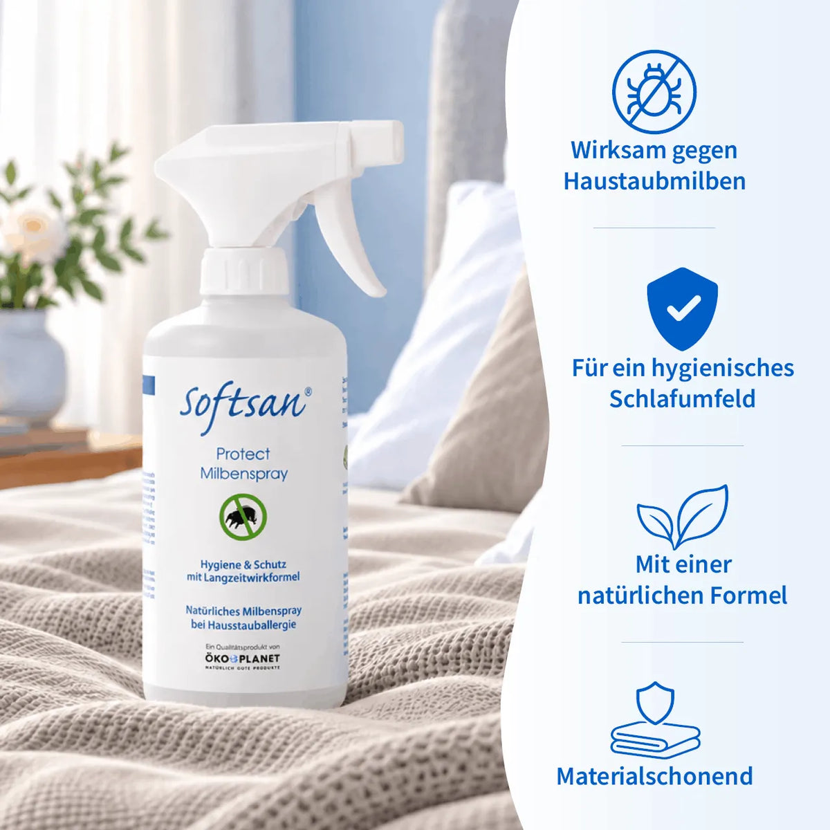 Softsan Protect Milbenspray mit Sprühkopf auf Bett, daneben Icons zu Wirkung und Eigenschaften