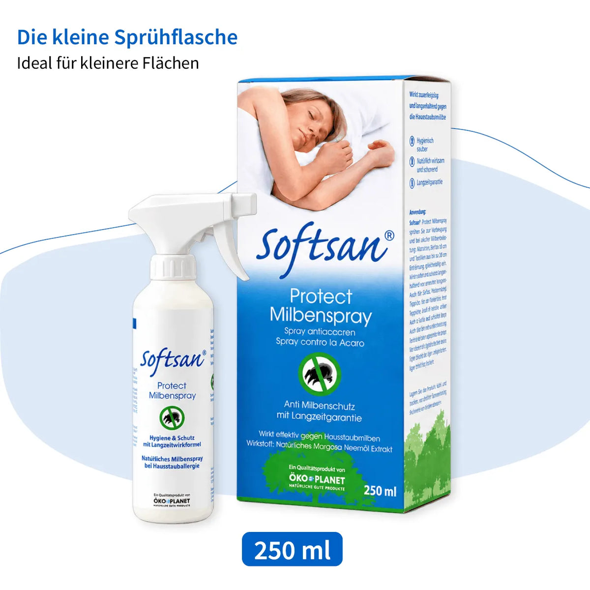 Softsan Protect Milbenspray 250 ml, Sprühflasche und Verpackung mit schlafender Frau nebeneinander